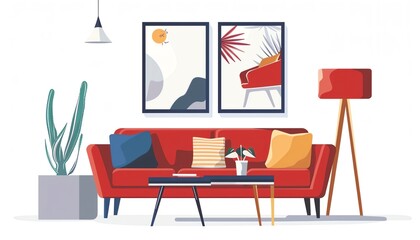 Stylish living room, wall art above sofa, flat design illustration