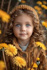 Fototapeta premium a very small child, girl wearing brown and yellow dandelions