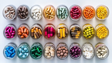 Assortment of pharmaceutical medicines in capsule, pill, supplement, and vitamin form 