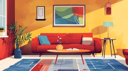 Comfortable interior design, wall art and coffee table, flat design illustration