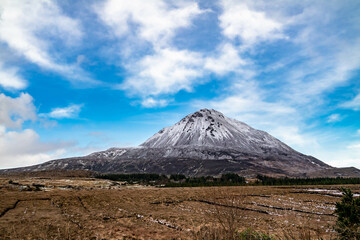 Aerial view of Mount Errigal in the winter, the highest mountain in Donegal - Ireland.