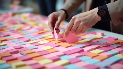 Obraz premium Collaborative teamwork engaging in creative discussions with sticky notes on a table
