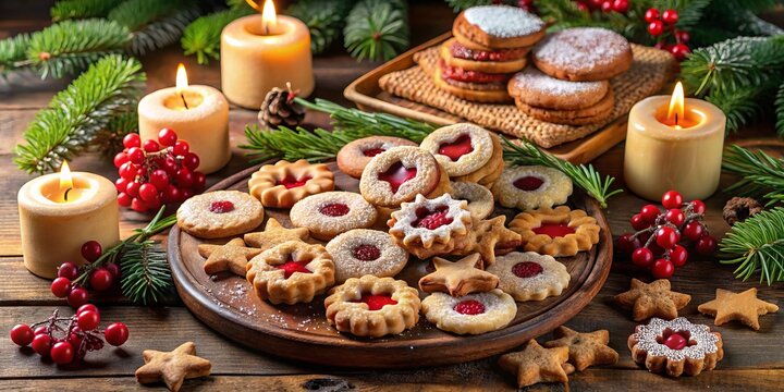 Delicious assortment of traditional European cookies, including shortbread, gingerbread, and linzer, arranged on a