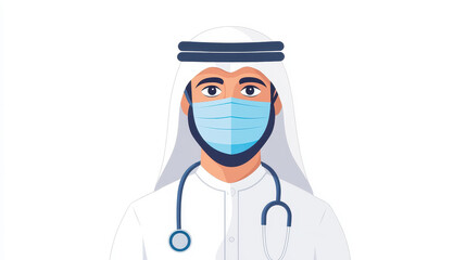 An Arab man in a medical mask stands out against a crisp white backdrop, emphasizing health and safety.