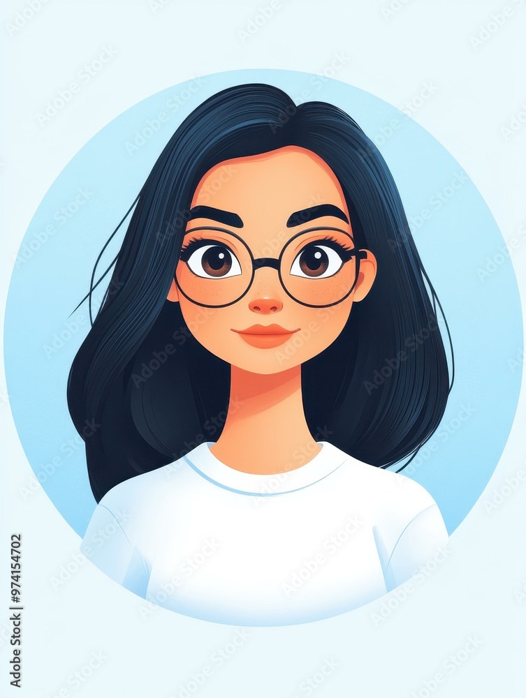 Poster create a cheerful anime avatar of a woman with shoulderlength black hair, black glasses, and a gentl