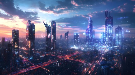 Fototapeta premium A panoramic view of a futuristic smart city where citizens interact with blockchain-driven systems for seamless daily activities
