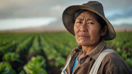 A farmer working in a lush field during golden hour with mountains in the background, capturing the essence of rural life