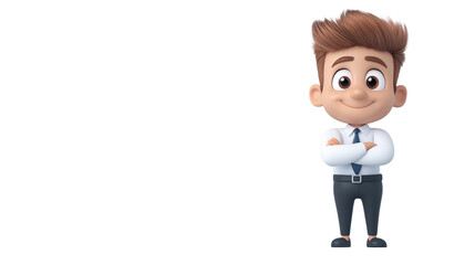 A cartoon character wearing a white shirt and tie stands confidently, smiling with arms crossed