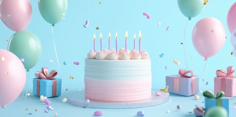 A pastel 3D clay-style birthday cake, adorned with layers of soft colors