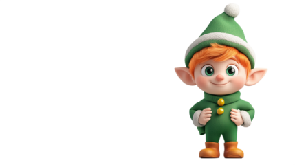 A joyful elf character dressed in green with orange hair stands, smiling with hands clasped