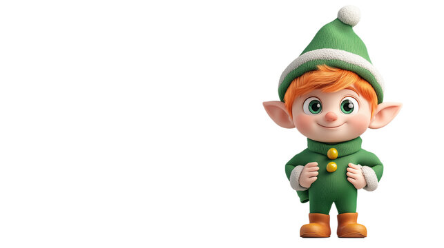 A joyful elf character dressed in green with orange hair stands, smiling with hands clasped