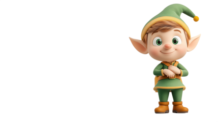An animated elf in a bright green outfit and jaunty hat has a friendly smile