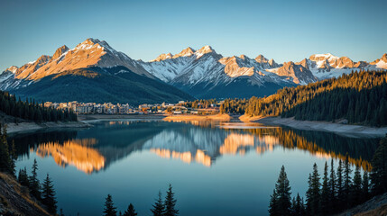 Mountain lake with village and sunset reflections