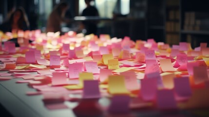 Collaborative team brainstorming session using sticky notes on table with blurred background