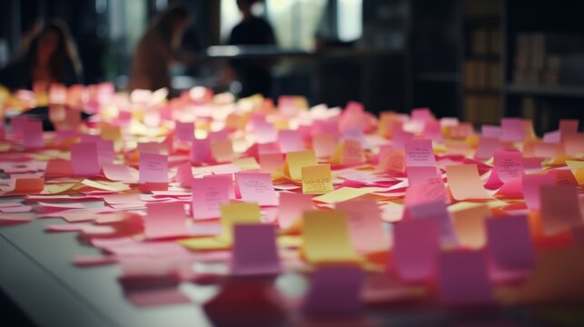 Collaborative team brainstorming session using sticky notes on table with blurred background