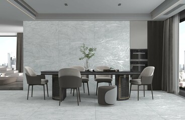 A dining area, a comfortable sofa, some unusual décor items, a window with an excellent view and plants for fresh air are all featured in this luxurious dining room interior with marble flooring. 3D