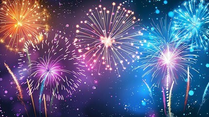 Colorful fireworks of various colors over night sky. New Year celebration background