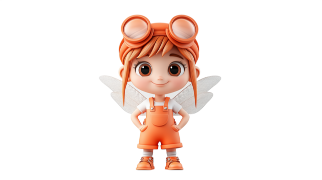 An animated character with orange hair and wings poses confidently in bright attire - Powered by Adobe