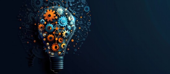 Glowing light bulb surrounded by a complex system of interlocking mechanical gears and cogs symbolizing the power of innovation creativity