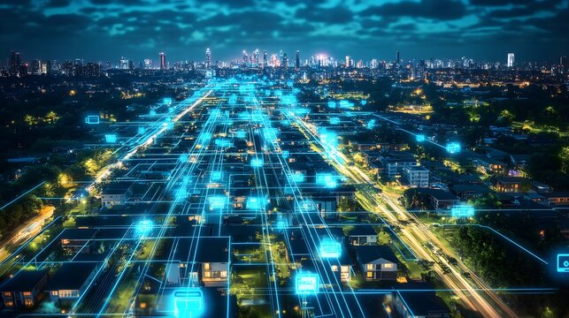 A futuristic residential district where blockchain ensures secure, automated home systems powered by IoT technology