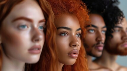 Fototapeta premium Diverse group of individuals showcasing unique hairstyles and vibrant hair colors in a studio setting during a photoshoot