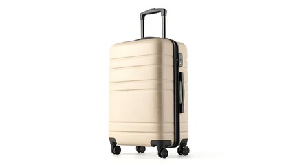 Beige Suitcase with Retractable Handle and Wheels Isolated on White Background