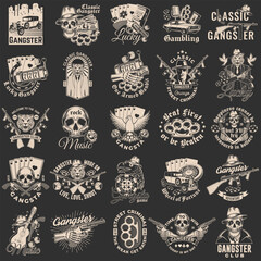 Set of gangster design. Vintage print, logo, badge design with retro car, poker playing card, casino chips, slot machines, two dice, knuckle, gun and guitar. Vector illustration.