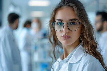 Fototapeta premium a young woman scientist wearing white coat and glasses in modern Medical Science Laboratory with Team of Specialists on background