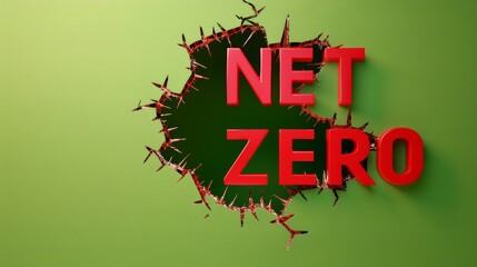  3D red word "NET ZERO" breaking through lime green with a hole in the center