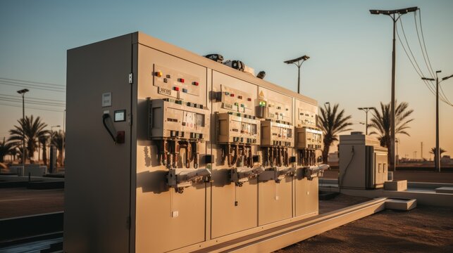 Substation illuminated by sunset  a warm glow over detailed switchgear and transmission towers