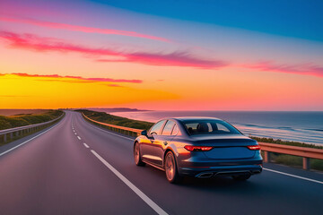 Obraz premium Car on the road at sunset. Car on the road at sunset.