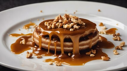 Caramel sauce smeared across a white plate with crushed nuts and caramel shards
