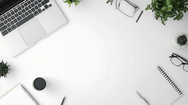 Flat Lay Minimalist White Desk Workspace with Laptop  Notebook  and Plants
