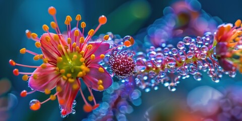 Vibrant flower with dew drops shines in sunlight, showcasing nature's beauty in a tranquil garden setting