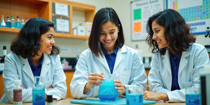 Young Indian Female Students Working Together in Chemistry Lab Experiment Session