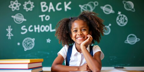 Excited African American Schoolgirl Posing Playfully in Front of 'Back to School' Chalkboard