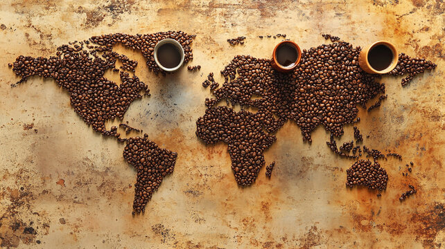 Celebrating International Coffee Day with a world map made of coffee beans and cups