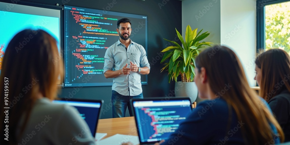 Wall mural indian male programming teacher explains coding to engaged students in tech classroom