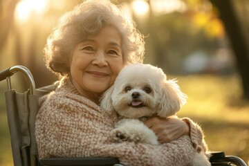 Close-up photo of elderly asian woman in wheelchair holding maltipoo dog in the park on walk