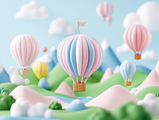 Tiny pastel 3D clay-style hot air balloons drift gracefully over a pastel landscape featuring rolling hills.