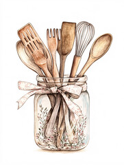 Rustic Kitchen Utensils in Glass Jar