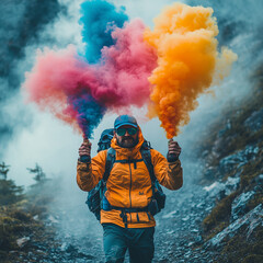 A man is holding a blue, red, and yellow smoke bomb