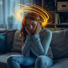 Obraz premium A young beautiful girl with a serious serious illness has severe and unbeareble headache