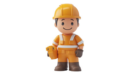 A small figure wearing orange with a helmet holds tools, ready for construction work