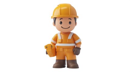 A small figure wearing orange with a helmet holds tools, ready for construction work