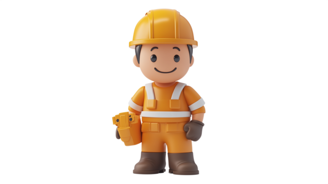 A small figure wearing orange with a helmet holds tools, ready for construction work