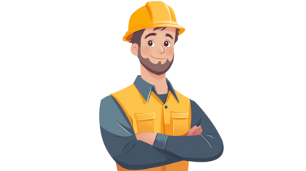 A construction worker poses with arms crossed, showcasing a safety vest and hard hat at a job site