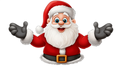 A joyful cartoon Santa Claus welcomes all, spreading holiday cheer and Christmas magic