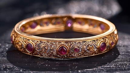 Gold Bangle with Ruby Stones and Intricate Design