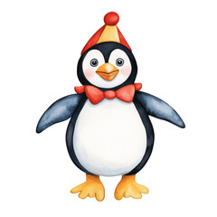 Fototapeta premium A cute cartoon penguin wearing a festive hat and bow tie, perfect for children's themes and winter celebrations.